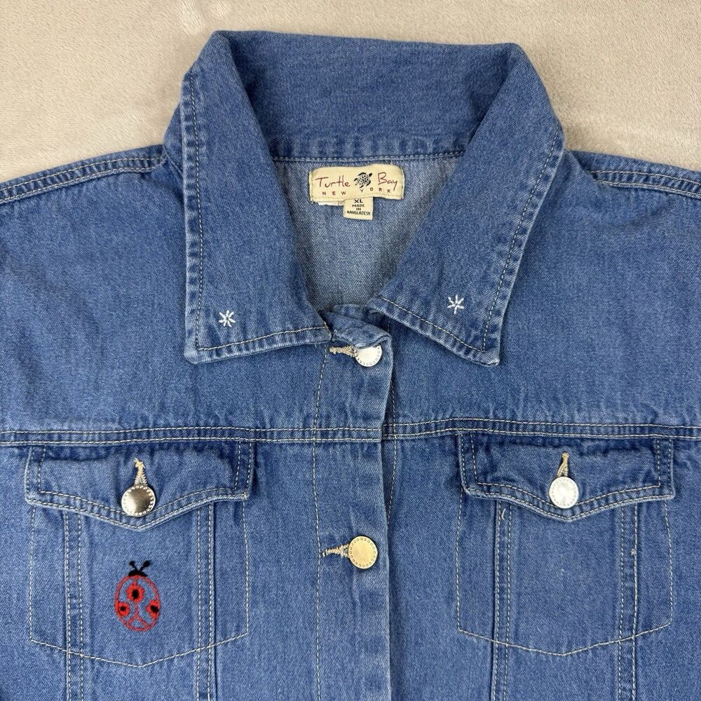 Turtle Bay New York Womens XL Denim Jacket Embroidered Ladybug Snowflake Cotton